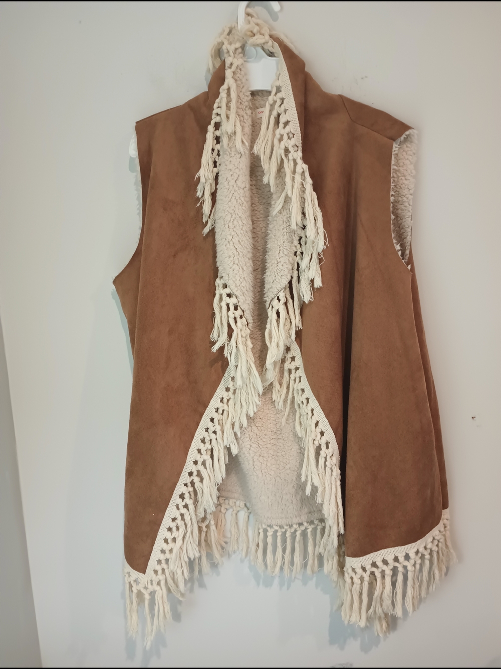 Orange Creek Faux Suede Sherpa Vest Womens ML Brown Macrame Fringe Open Front